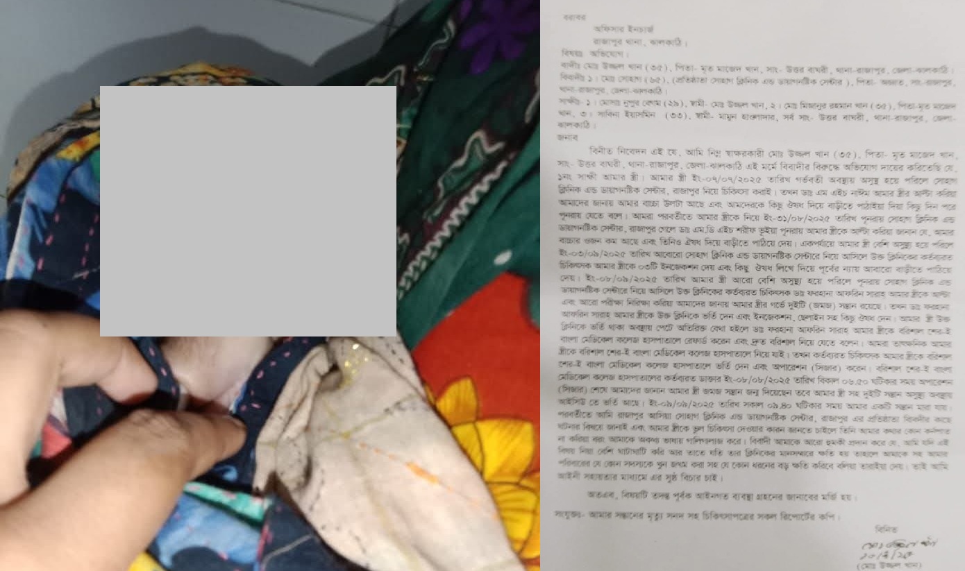 রাজাপুরে সোহাগ ক্লিনিকের চিকিৎসকের ভুল রিপোর্ট ও চিকিৎসায় নবজাতকের মৃত্যুর অভিযোগ