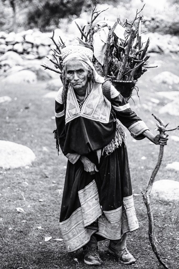 grayscale photography of woman carrying branches 3103375